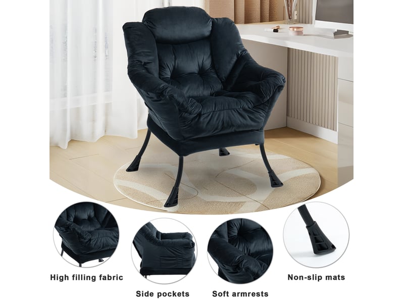  Fauteuil relax avec poche latérale, dossier haut et assise rembourrée pour salon et balcon, en métal noir  - Conforama D
