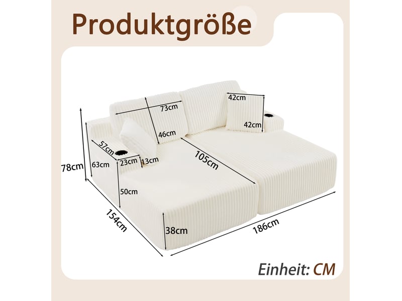  Canapé convertible 2 places en velours côtelé beige avec porte-gobelets et poche latérale  - Conforama E
