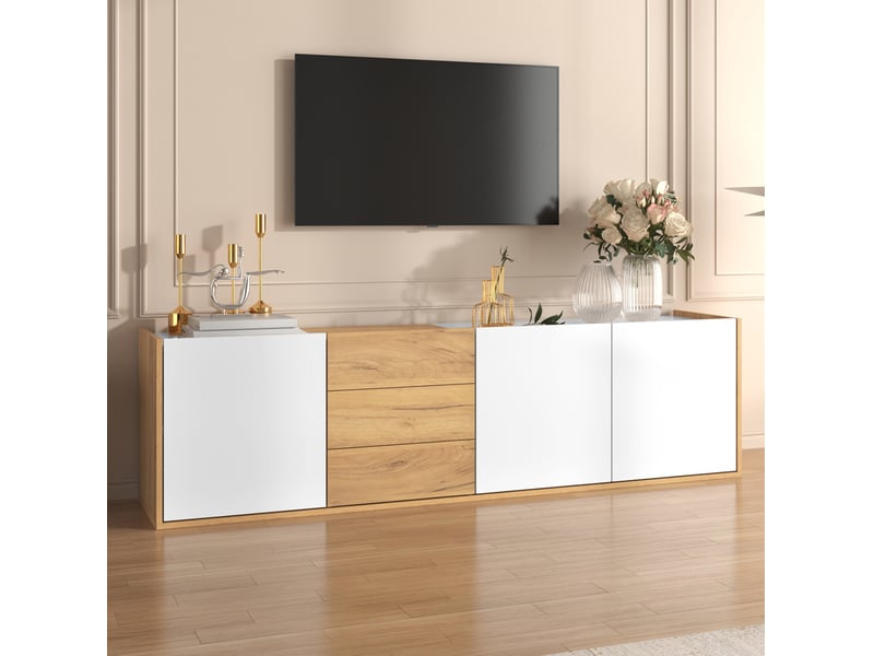  Meuble tv 3 portes, 3 tiroirs, étagères réglables, à poser ou mural, pour salon, blanc et bois, 171,5 × 35 × 47 cm  - Conforama D
