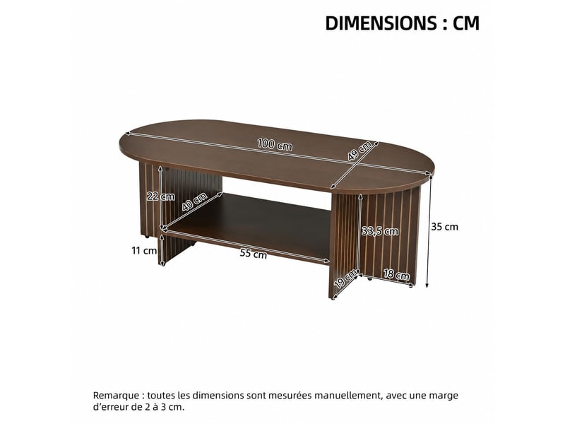  Table basse ovale 100 x 49 x 35 cm noyer en mdf, étagère basse, côtés rainurés, meuble de salon moderne  - Conforama C