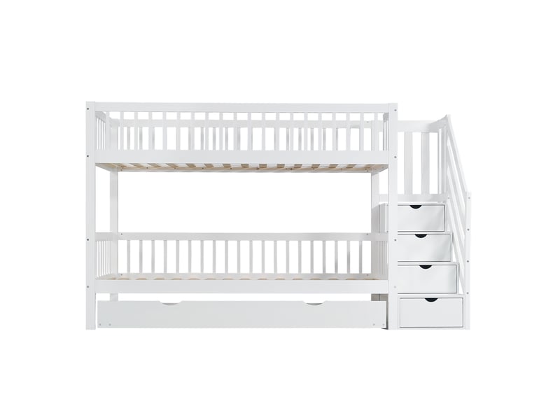  Lit superposé 90x200 cm, lit gigogne avec escalier de rangement, barrière de sécurité, en bois de pin et mdf gain de place, blanc  - Conforama D
