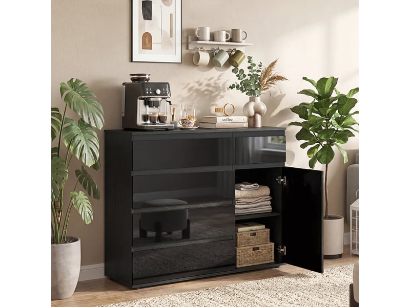 Buffet moderne, buffet de rangement avec 5 tiroirs, étagère réglable, porte à fermeture amortie, noir laqué brillant - Conforama C