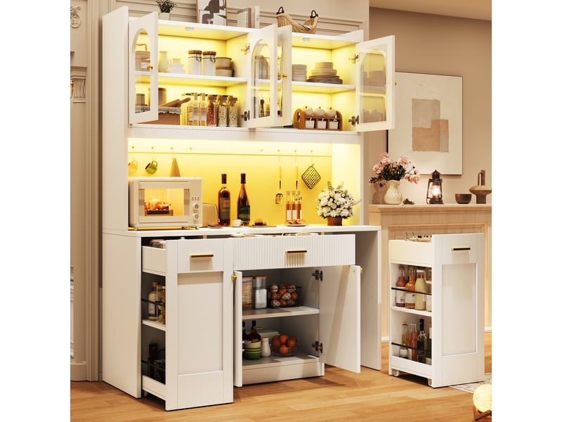  Buffet de cuisine haut avec 3 vitrines, tiroirs, portes et led rgb pour cuisine en mdf 120×40×187 cm blanc  - Conforama B
