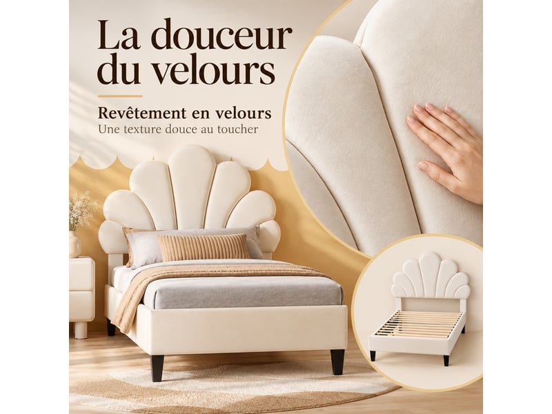  Lit enfant 90x200 cm en velours, lit simple rembourré avec sommier à lattes, tête de lit en forme de pétale réglable en hauteur, cadre de lit capitonné pour enfants et adolescents, beige  - Conforama W