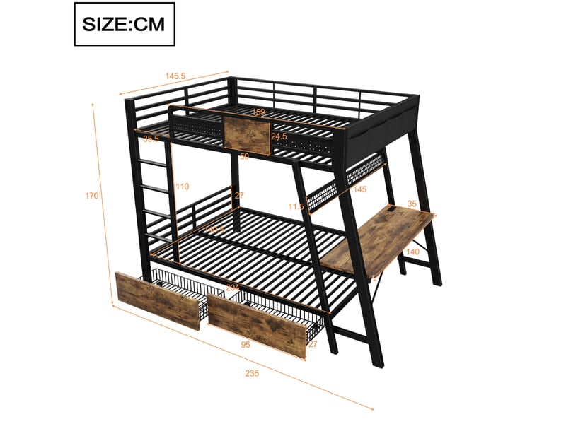  Lit double 140x200 cm, bureau latéral avec tabouret, rangement à deux niveaux, tête capitonnée et sommier à lattes, velours, bleu  - Conforama D