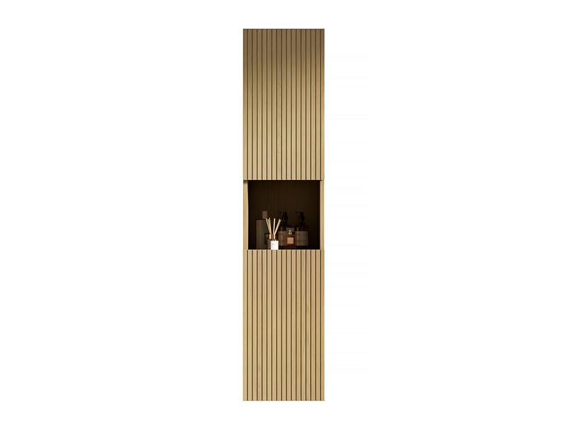 Armoire de salle de bain haute 2 portes et 1 niche ouverte avec étagères réglables pour salle de bain en bois doré  - Conforama A