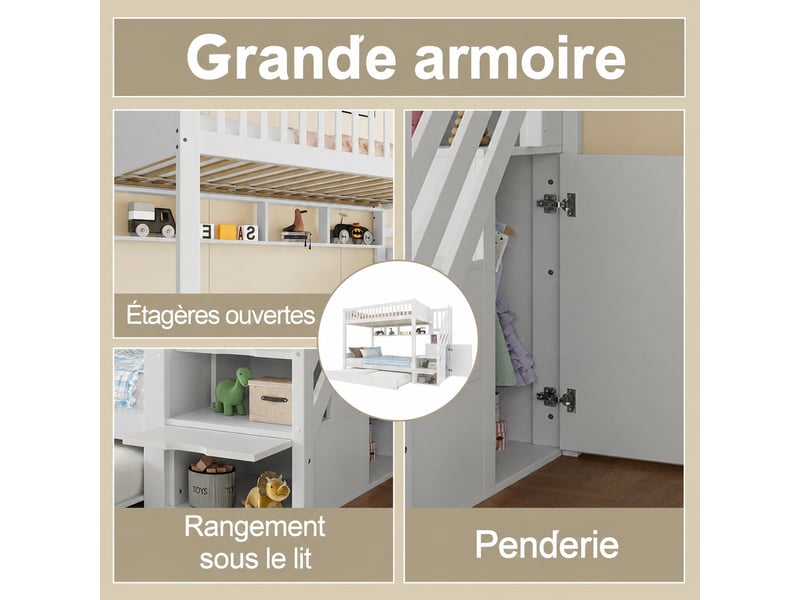Lit superposé enfant 90 x 200 cm avec lit gigogne, armoire et escalier de rangement, en pin et mdf, blanc - Conforama R