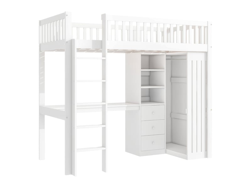  Lit mezzanine 90x200 cm avec bureau, armoire, 3 tiroirs et 3 niches, pin et mdf, blanc, sans matelas  - Conforama E