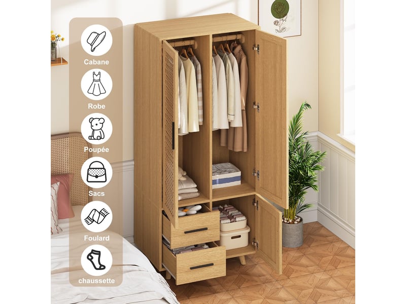 Armoire de chambre - penderie-80x52x176cm - 2 portes 2 tiroirs - scandinave bohème - bois effet rotin - chêne naturel et noir - Conforama D