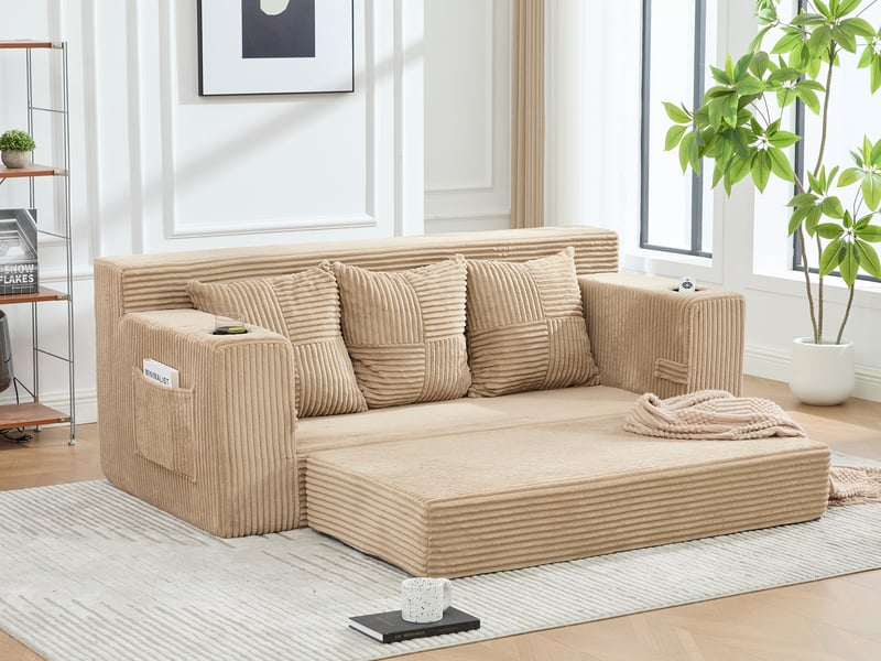  Canape droit 3 places, sans structure rigide en velours côtelé, porte-gobelets et poches, 172 × 87 × 64 cm, kaki  - Conforama B