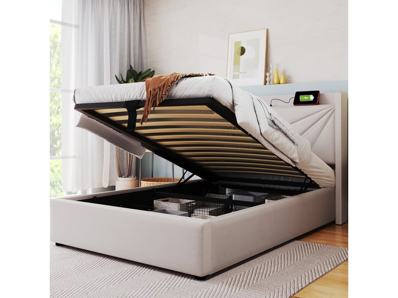 Lit coffre adulte 90x200 cm – beige – tête de lit avec ports usb et usb-c, sommier à lattes inclus  - Conforama B