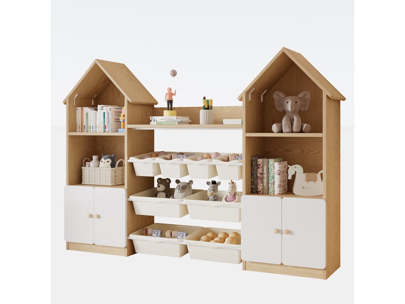  Meuble de rangement enfant - rangements intégrés - organisation des jouets - rangement chambre - hauteur enfant - blanc et naturel CozyNest - Conforama A