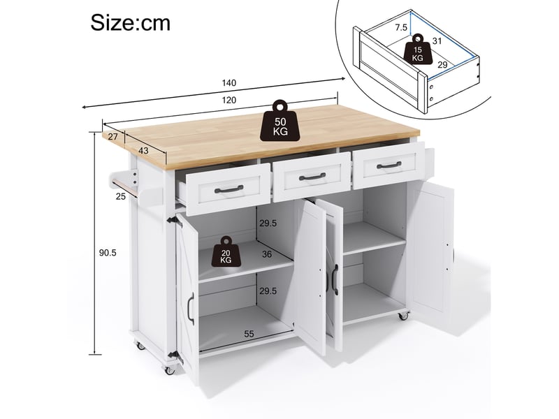  Îlot de cuisine mobile 140 x 4370 x 90,5 cm, 4 portes, 3 tiroirs, blanc naturel  - Conforama C