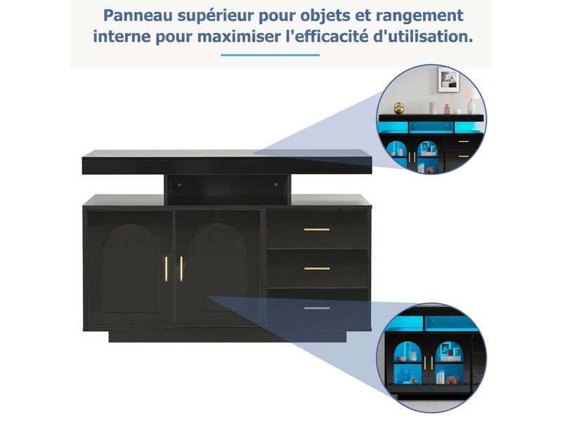  Buffet noir brillant 120 cm avec led rgb - meuble de rangement salon et cuisine  - Conforama D