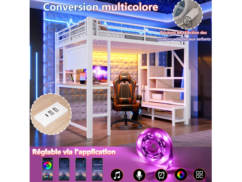 Lit mezzanine 140 × 200 cm 2 places avec bureau, led, usb, type-c et étagères, sans matelas, métal blanc - Conforama E