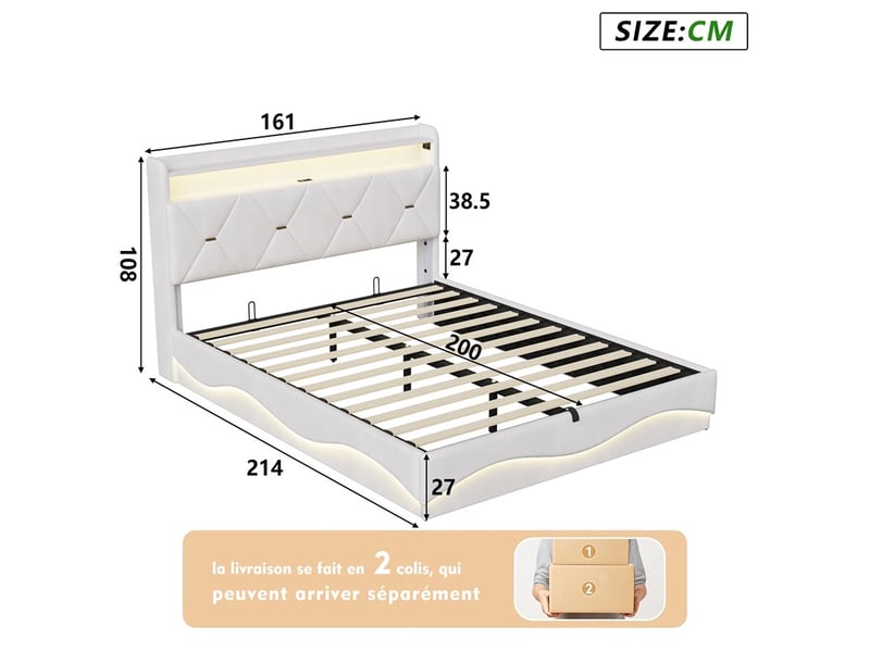  Lit 160x200cm - lit coffre 160x200cm - lit hydraulique avec tête de lit à rangement, led rgb, ports usb et type-c - beige  - Conforama E