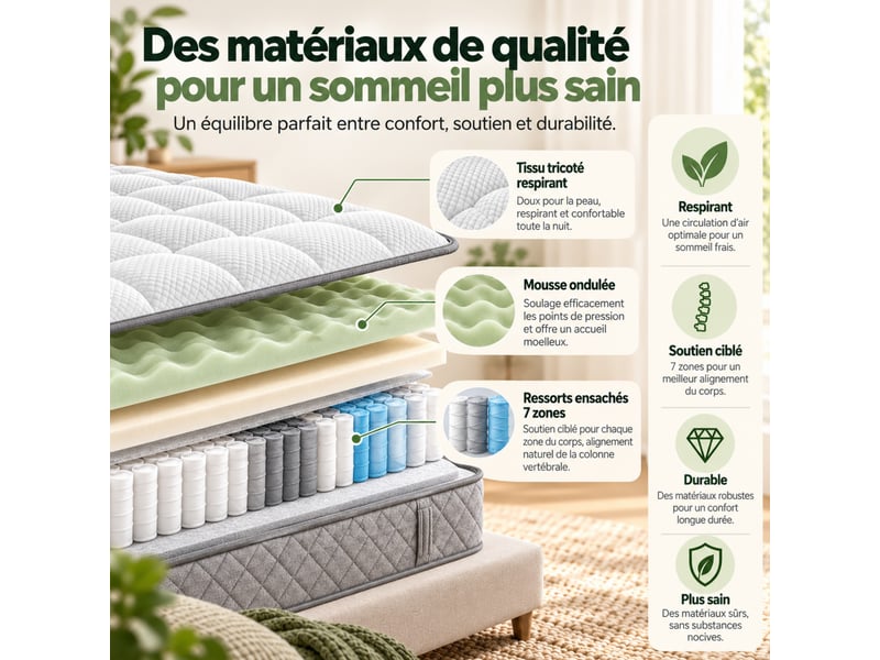  Matelas 120 x 200 cm, ressorts ensachés + mousse, 7 zones, soutien ferme h3, épaisseur 20 cm, certifié oeko-tex, blanc  - Conforama D