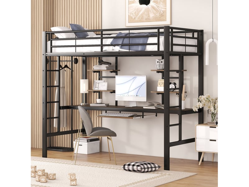  Lit mezzanine 90x200 cm avec bureau et 2 étagères métal noir  - Conforama B