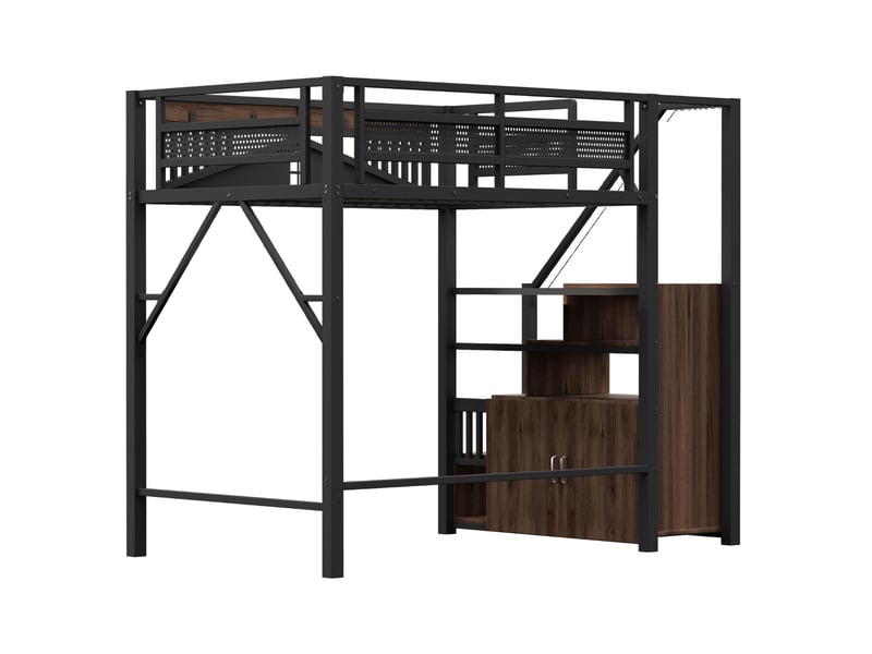  Lit mezzanine 140 x 200 cm marches-coffre garde-corps patchwork fenêtre espace dessous métal et bois noir sans matelas  - Conforama E