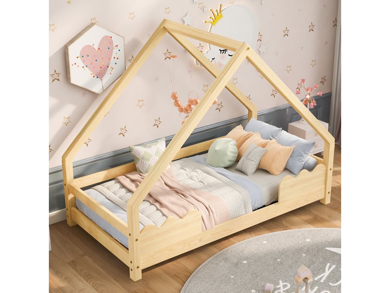 Lit cabane enfant 90x200 cm, bois naturel, protection antichute, sommier, lit simple, sans matelas - Conforama E