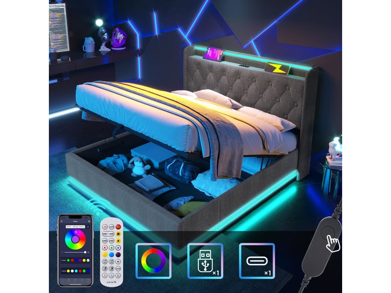  Lit coffre 140x200 cm, rangement hydraulique, éclairage led, usb et usb-c, tête de lit avec rangement pour chambre - gris  - Conforama D