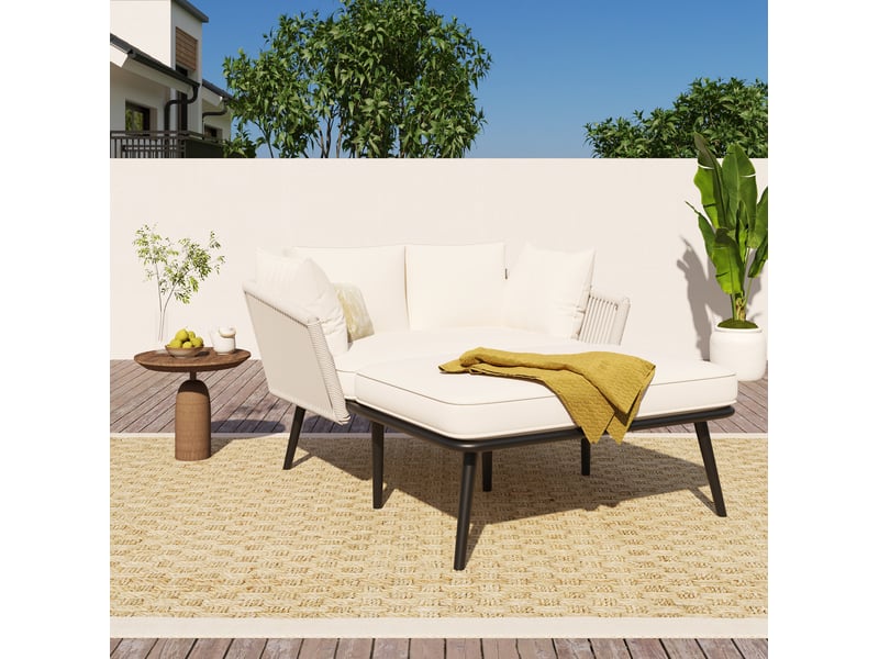 Bain de soleil double 130x65x67 cm beige, acier galvanisé et polyester, coussins déhoussables lavables - Conforama B