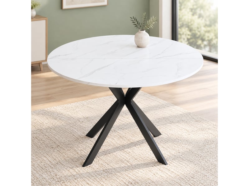  Table de salle à manger ronde, plateau effet marbre - lpospi - piètement en x métal mdf noir et blanc, ø 110 cm  - Conforama B
