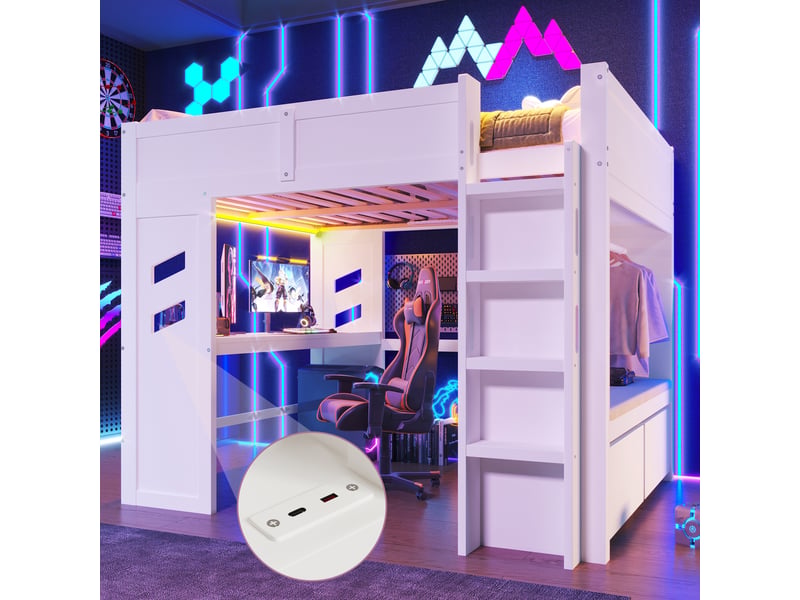  Lit mezzanine 140x200 cm style gaming avec bureau intégré, led, usb-c, tiroir et étagère  - Conforama B