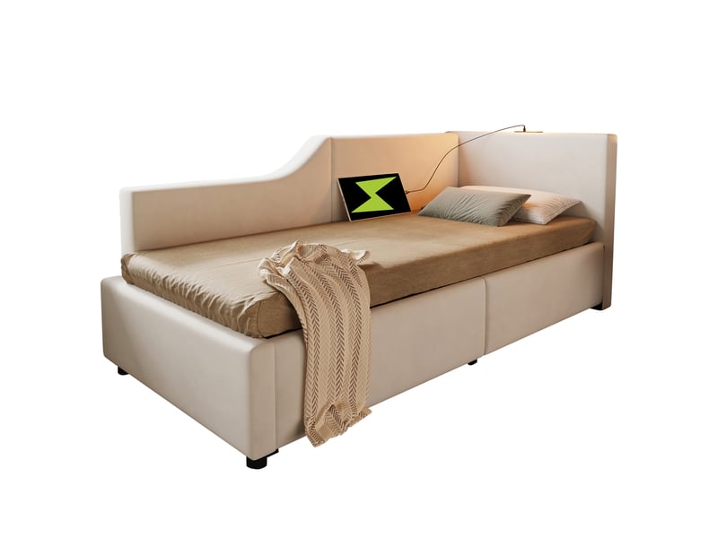  Lit de jour 90x190 en velours beige avec rangement hydraulique, lampe de lecture et port usb-c  - Conforama A