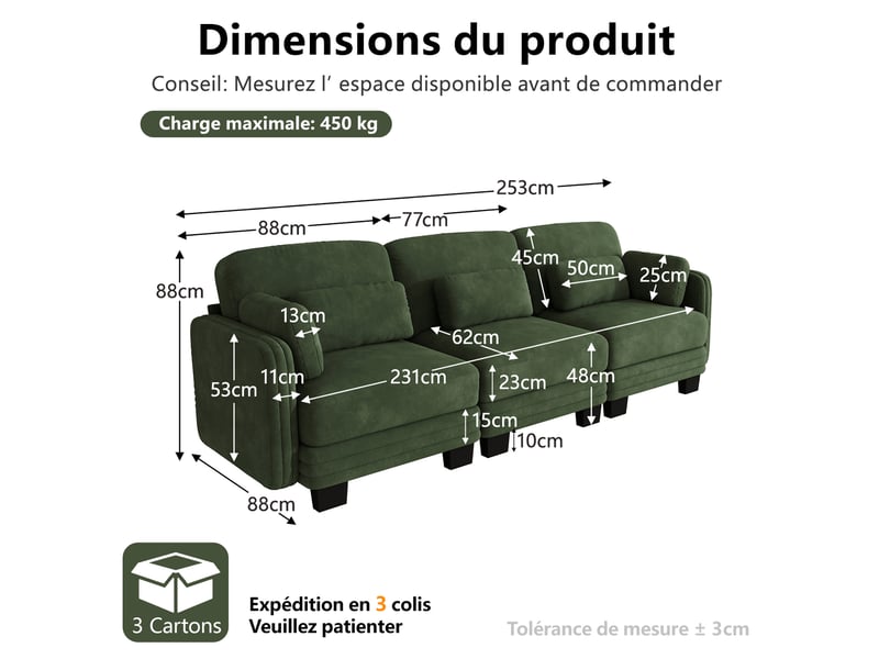  Canapé droit modulable 3 places 253x88x88 cm en chenille vert  - Conforama C