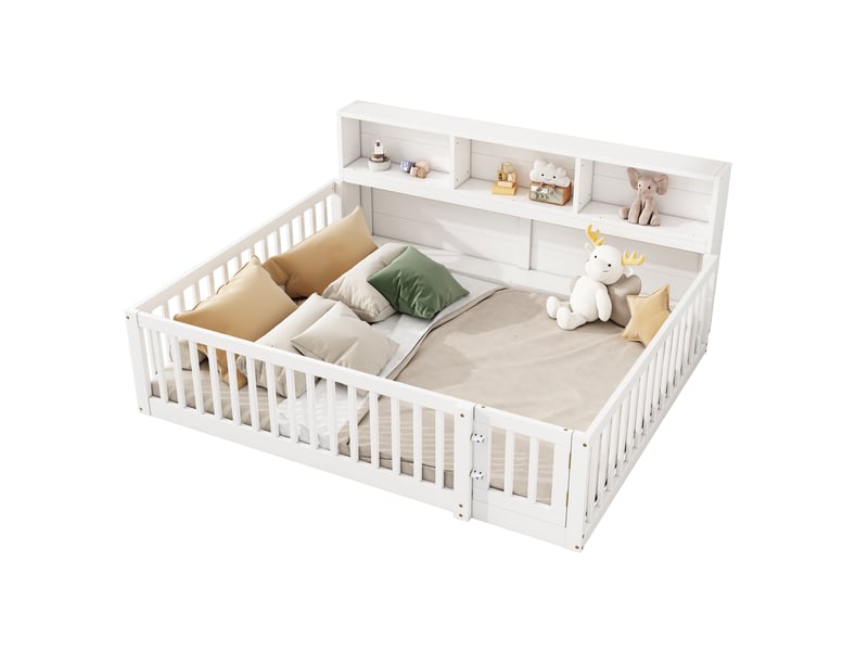  Lit banquette 140x200 cm en bois de pin, lit de jour avec rangement et barrière de sécurité, canapé-lit blanc pour chambre d'enfant.  - Conforama A