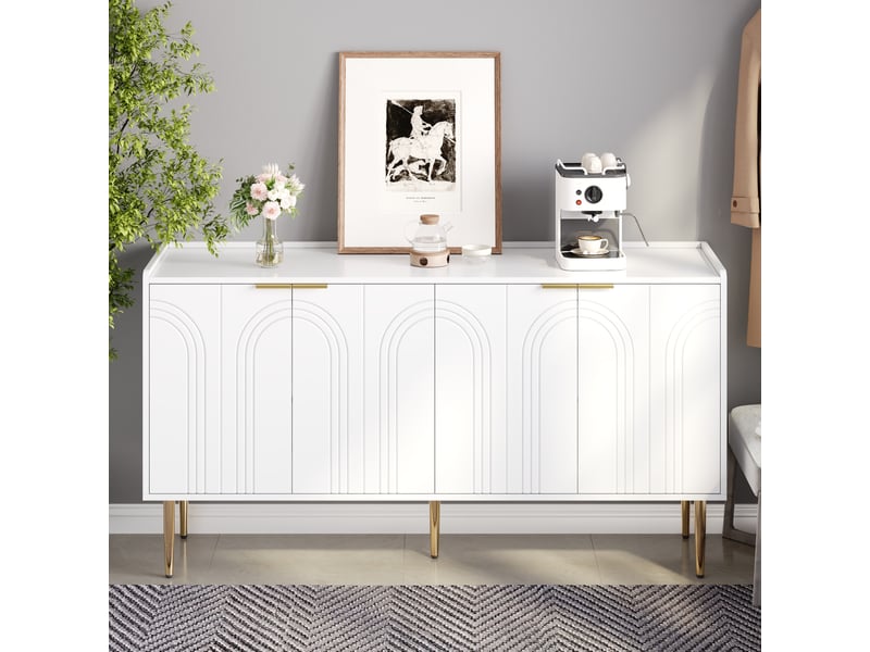  Buffet bas 4 portes mdf blanc 140x38x75 cm pieds en fer doré  - Conforama C