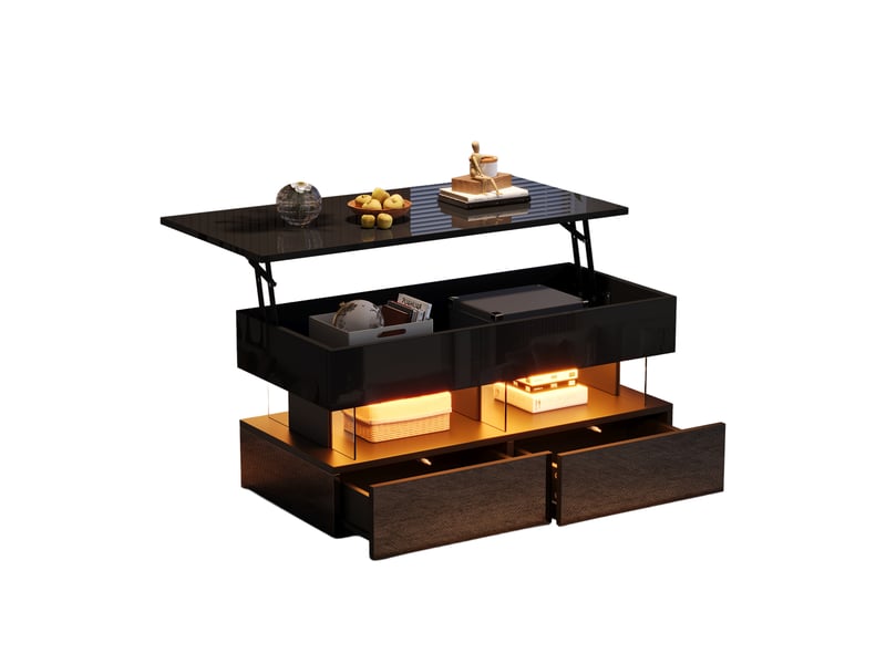  Table basse relevable avec rangement caché et 2 tiroirs, 100x50 cm, mdf noir brillant et led  - Conforama E