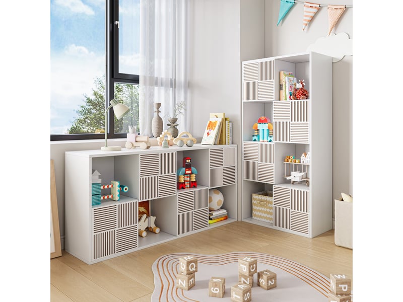  Bibliothèque 8 cases - 60x30x125cm - meuble de rangement modulaire étagères ouvertes &amp; portes cannelées - blanc  - Conforama B