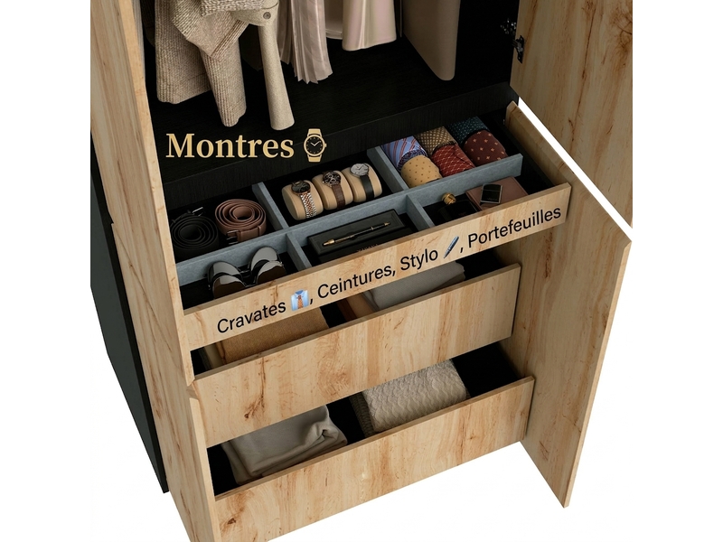  Vestiaire d'entrée avec miroir et led, armoire penderie 135 cm, 5 tiroirs, finition chêne  - Conforama E