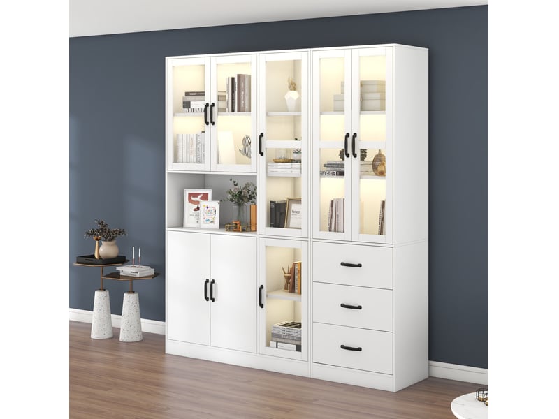  Vitrine combinée blanche 180 x 40 x 200 cm avec éclairage led, 8 portes, 3 tiroirs  - Conforama C