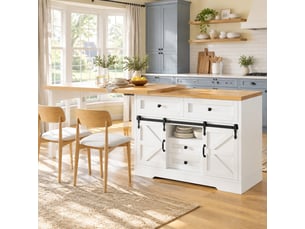 Desserte de cuisine avec placard, tiroirs dissimulés et plateau pivotant, table extensible pour salle à manger
