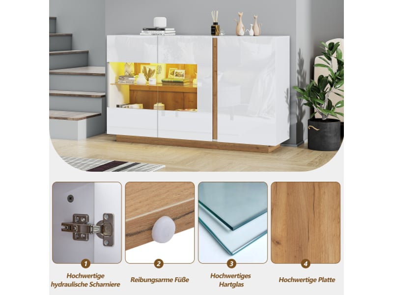 Buffet commode haute brillance, panneaux de particules blancs avec verre, base en bois, commode armoire de couloir 138*38*90.5cm - Conforama E