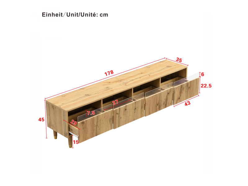  Meuble tv bas 178x35x45cm avec passe-câbles rangement | design minimaliste effet bois et façades acrylique | 4 tiroirs charge 50kg - bois naturel  - Conforama E