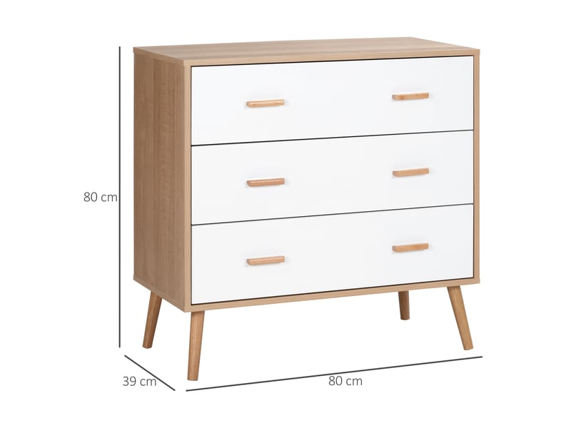  Commode surélevée à 3 tiroirs pour salon et chambre, en bois, 80 x 39 x 80 cm, blanc et bois.  - Conforama E