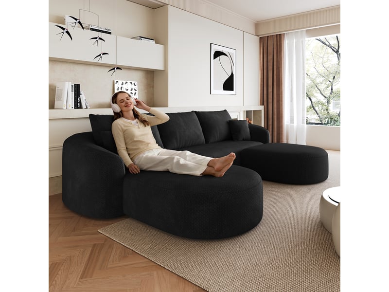  Canapé modulable noir tissu, canapé panoramique en u sans montage, design contemporain pour salon et chambre, structure flottante moderne  - Conforama E