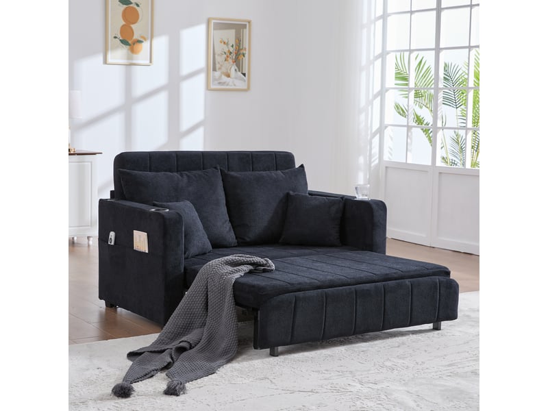  Canapé-lit 139x83x58 cm convertible avec rangement latéral, chenille noir  - Conforama C