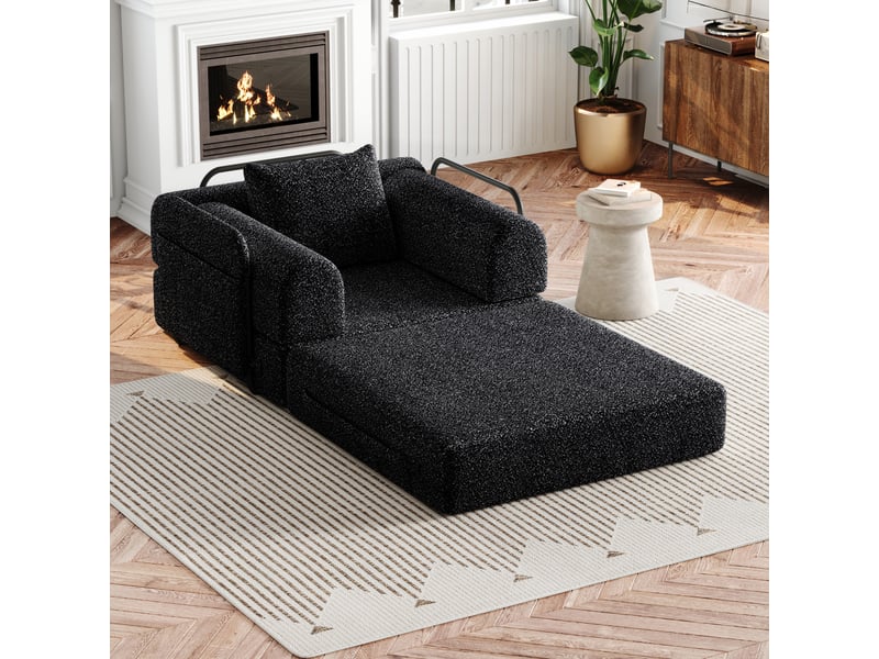  Fauteuil convertible en chenille avec rangement d’accoudoir, structure acier et base antidérapante, noir  - Conforama C