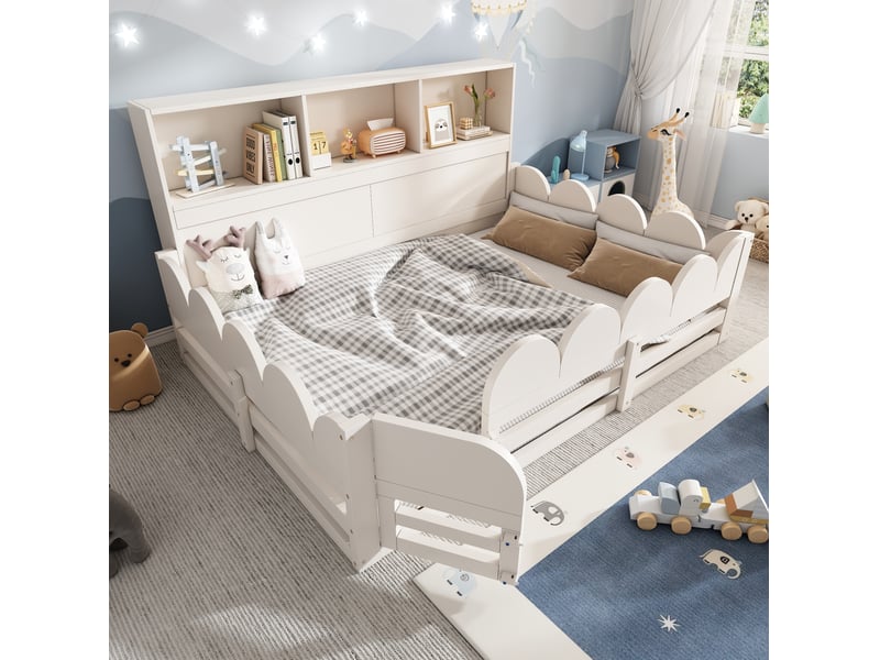  Lit au sol enfant 140x190 cm avec barrière, porte et étagère 3 niches, sommier, blanc  - Conforama B