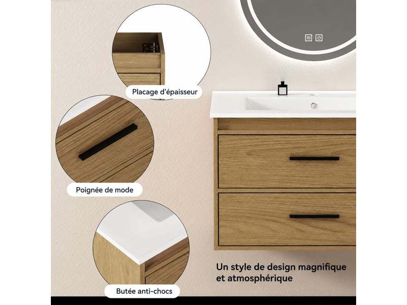  Meuble de salle de bains 75 cm effet chêne clair avec 2 tiroirs  - Conforama E