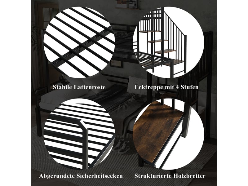 Lit superposé avec escalier rangement et sommier inclus, noir - Conforama E