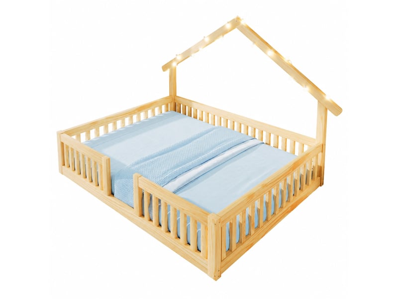  Lit maison 140x200 cm avec barrières de sécurité, lit au sol, guirlande led, bois naturel, sans matelas  - Conforama A