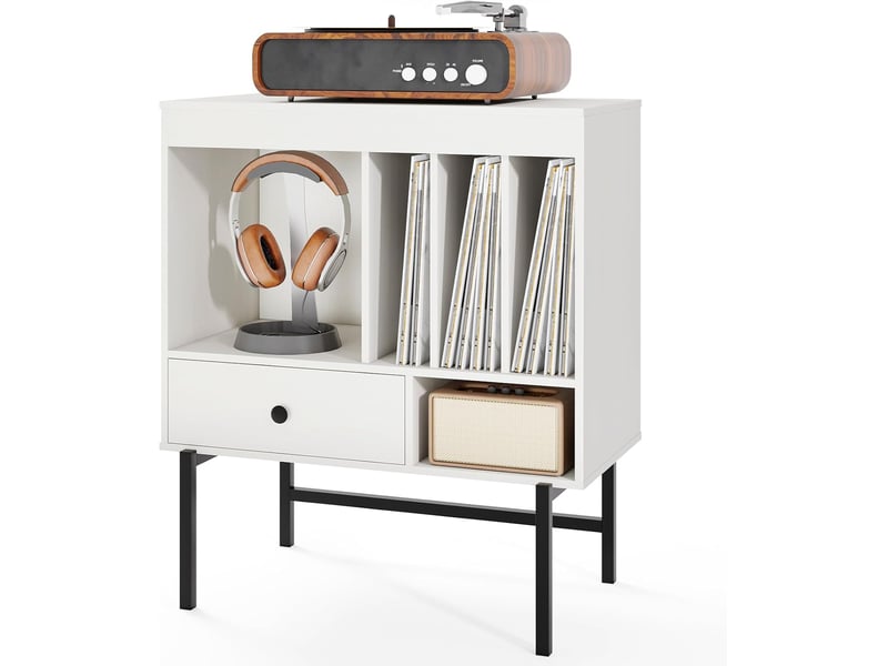 Meuble platine vinyle 3 niveaux pour albums, support de tourne-disques avec tiroir, compartiments ouverts, pour vinyles pour salon, studio (blanc)  - Conforama D