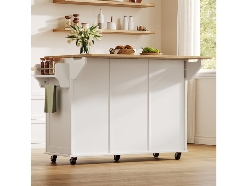 Desserte de cuisine 143 x 45 cm blanc et naturel en mdf, plan de travail rabattable sur roulettes - Conforama E