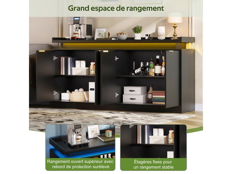  Buffet 160 x 39 x 83 cm, 4 portes, éclairage led rgb contrôlable par application et compartiments ouverts, noir  - Conforama D